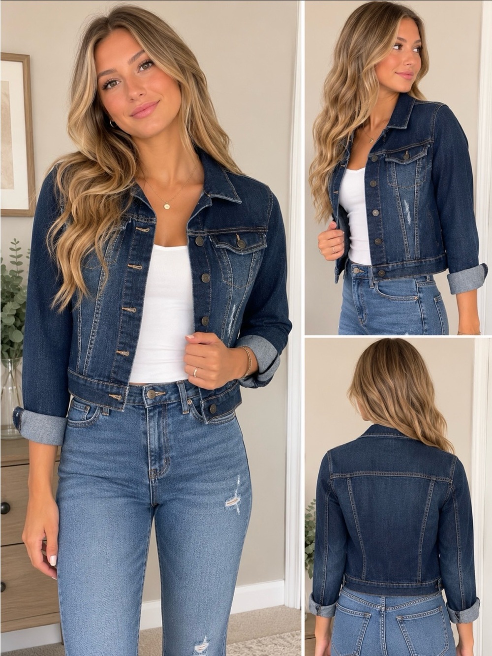 Lei Women’s Small Dark Wash Distressed Denim Jacket, Classic Jean Jacket